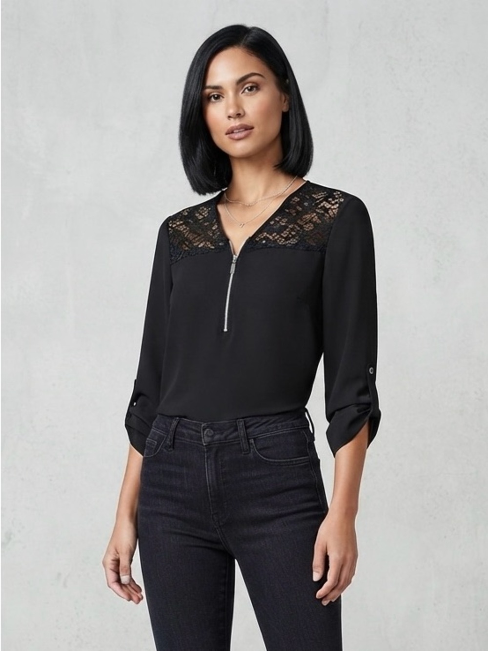 Sloane & Sadie Black Lace Zip-Front Blouse - Size S/P